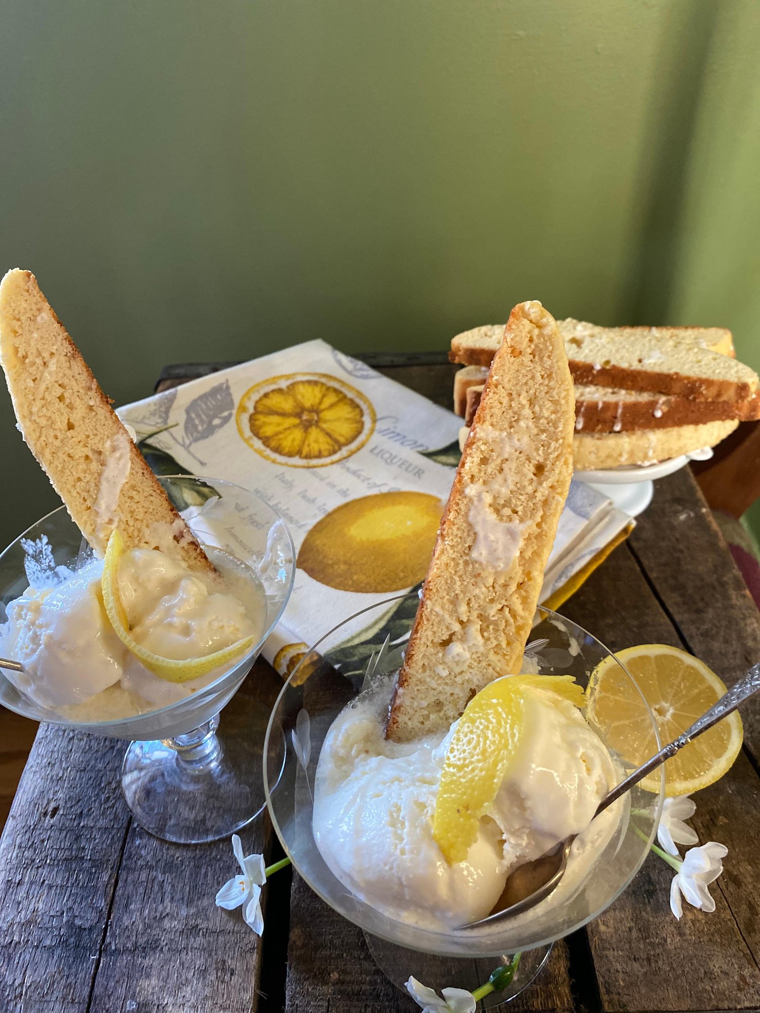 Limoncello affogato served with biscotti