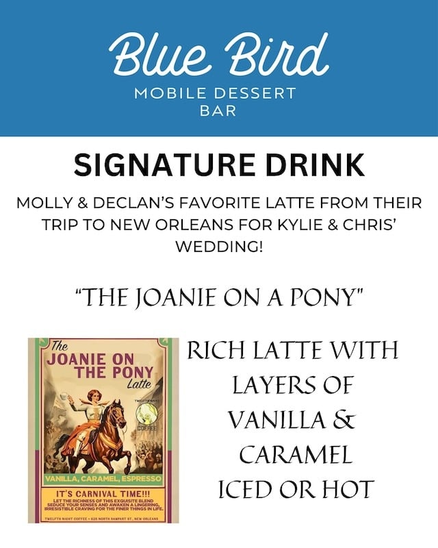 Menu featuring the "Joanie on a Pony" signature drink